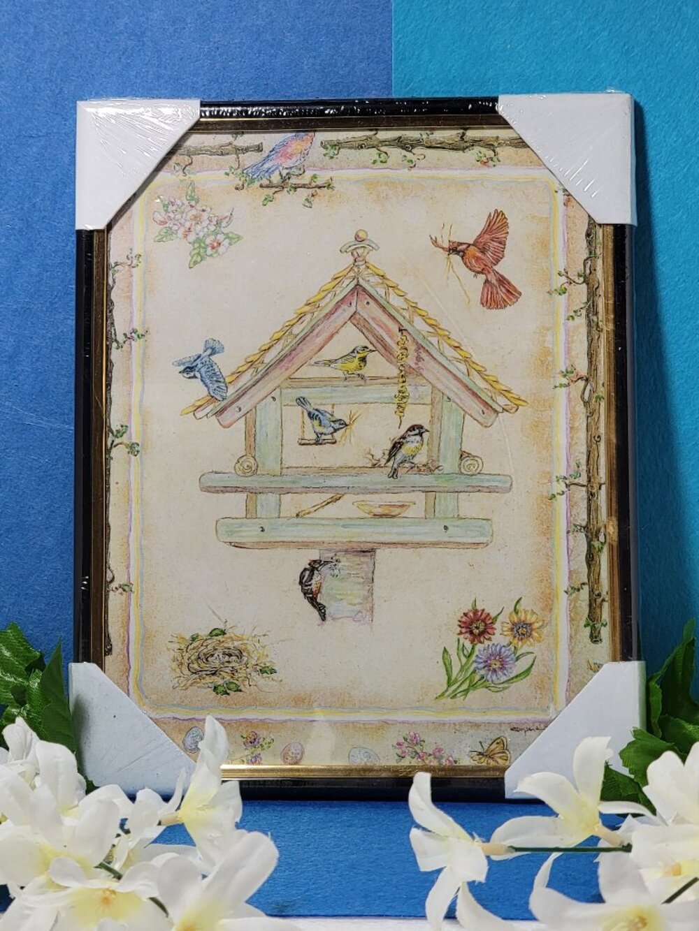 Birds and Beautiful Birdhouse in Gold Mylar Frame